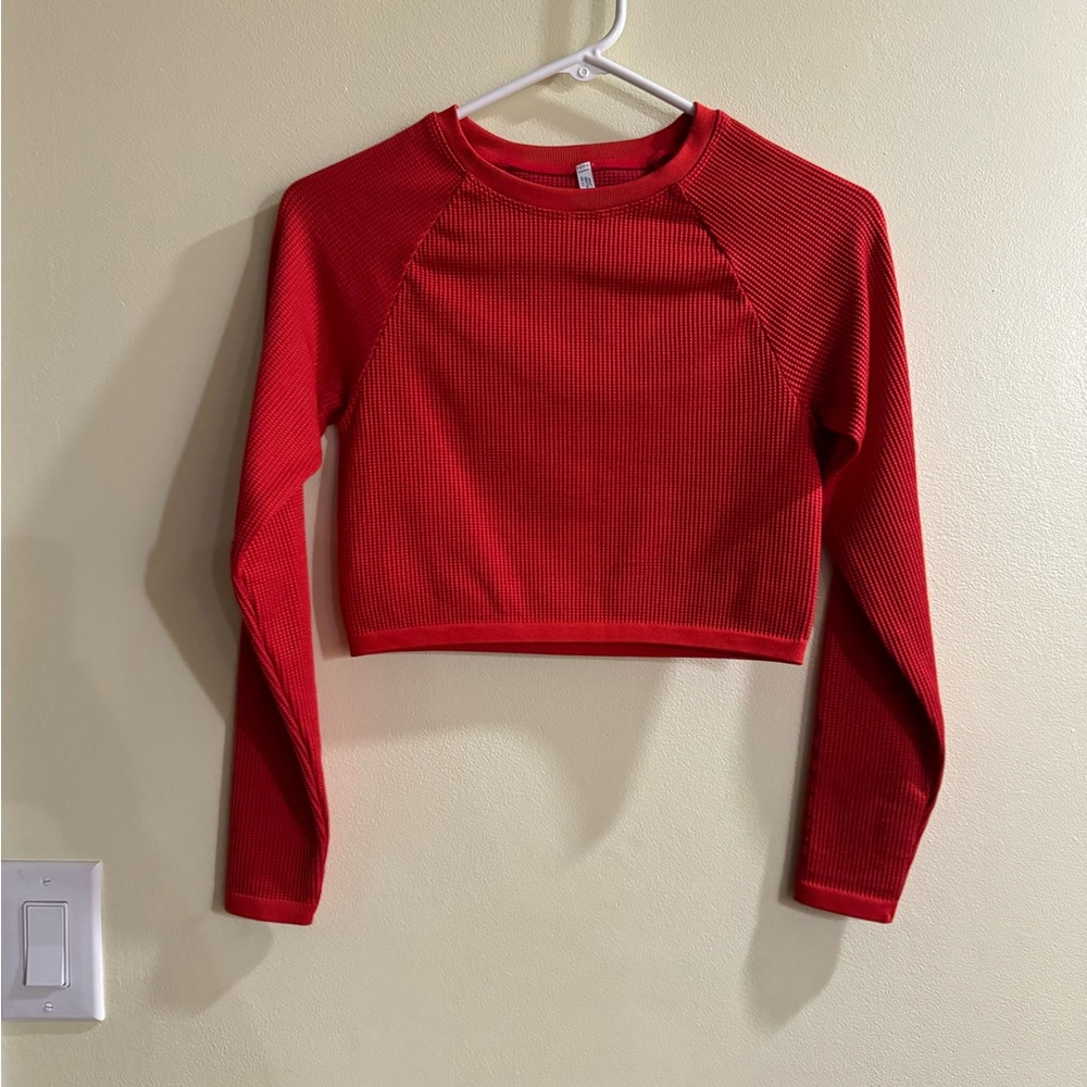 Aerie Offline Seamless Waffle Cropped Long Sleeve Shirt -Holiday Red